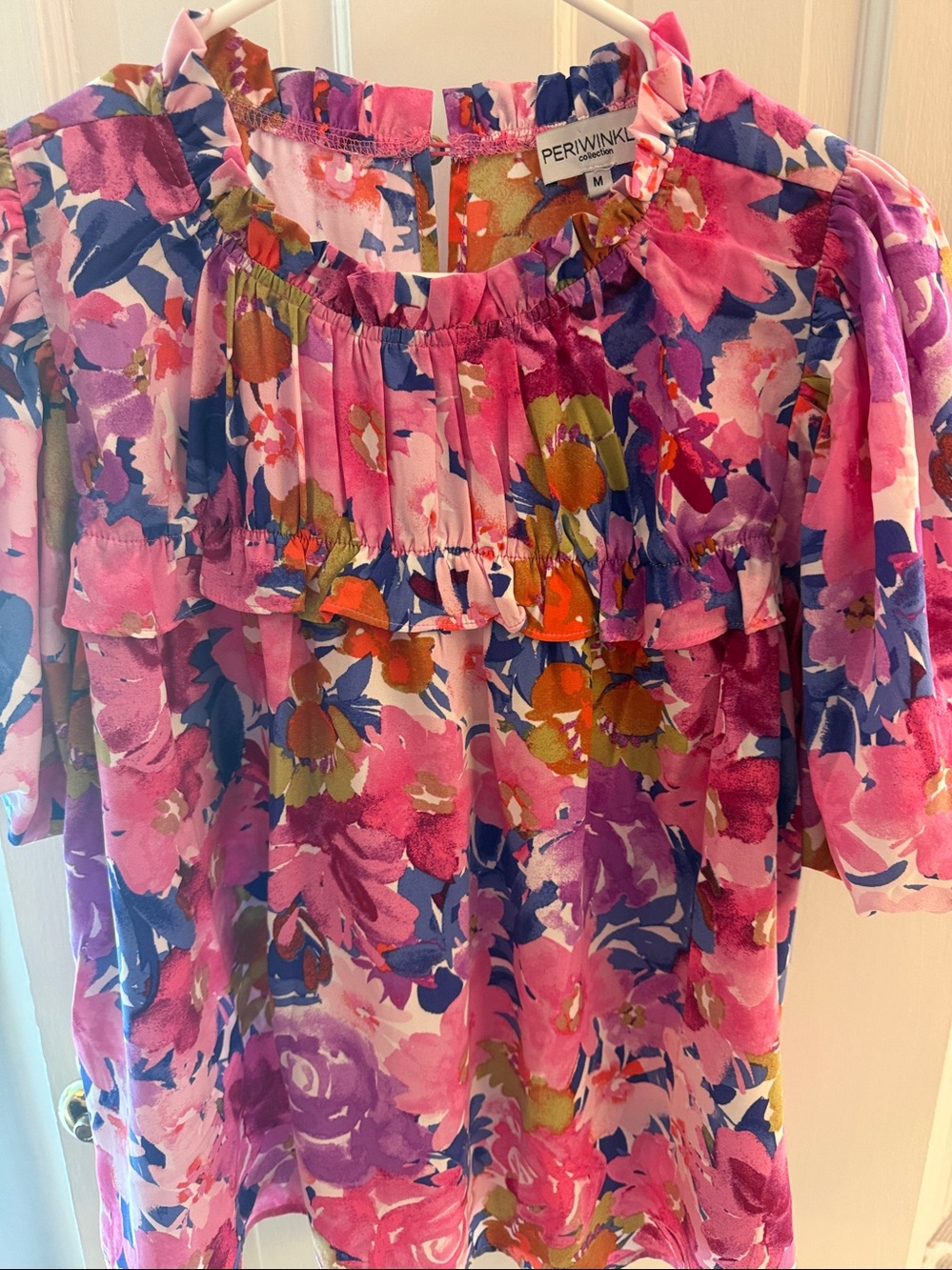 Pink Floral Ruffle Neck Blouse- M - Picture 2 of 7